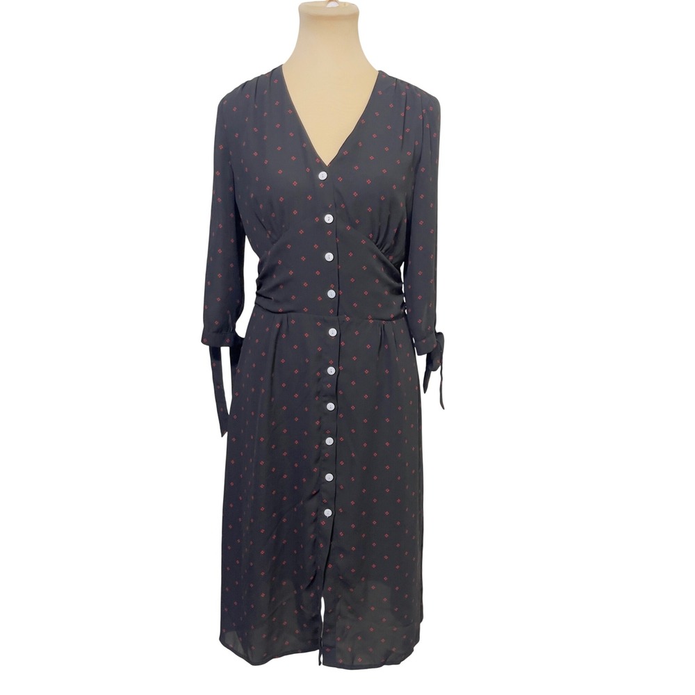 Simple Retro Women Midi Dress S Black Red Clover Print Button Front Tie Sleeve